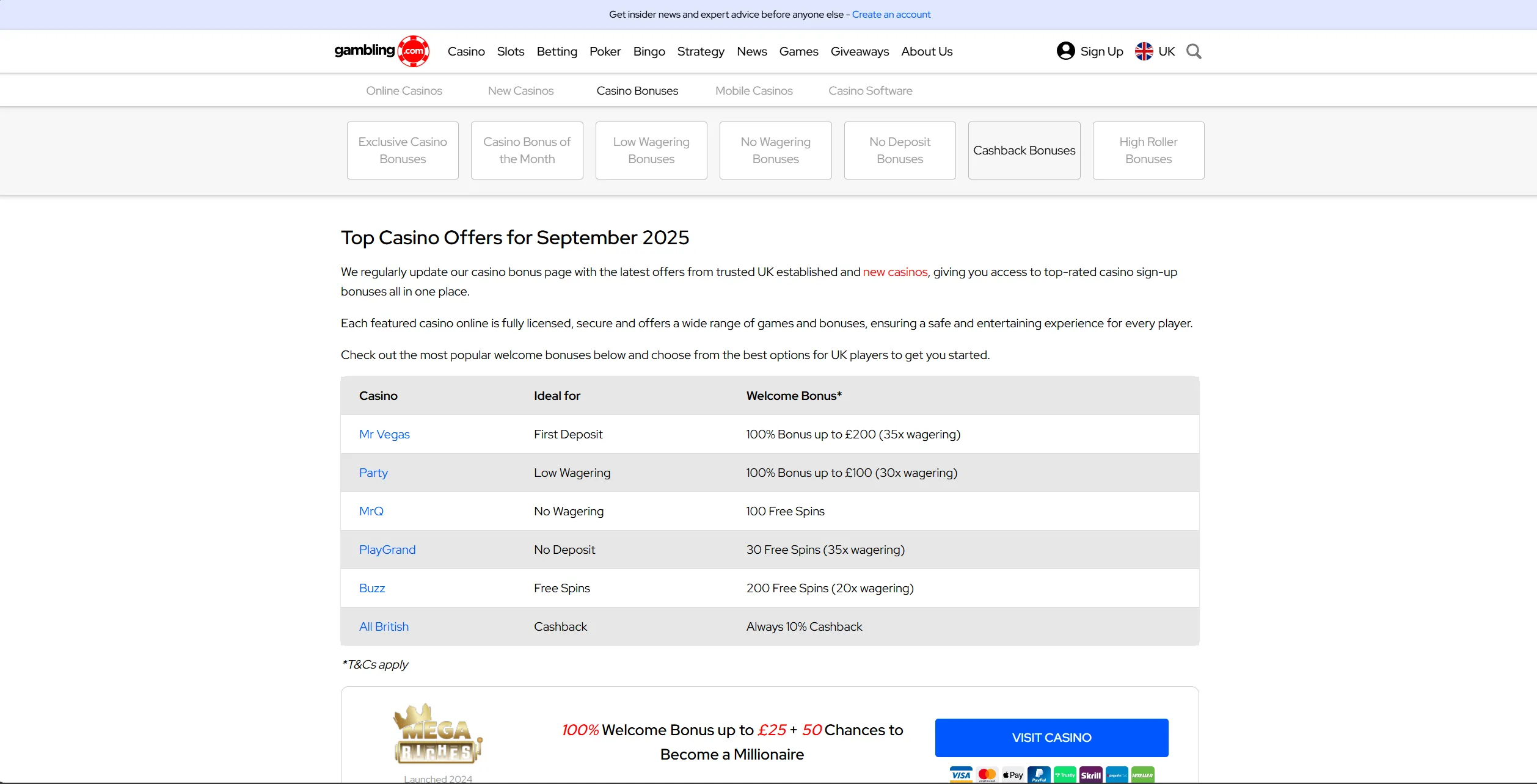 Screenshot of Gambling.com – Casino Bonus & Welcome Offers